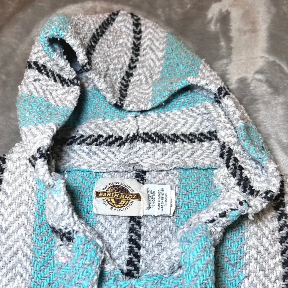 Earth Ragz Size Small Baja Hoodie Turquoise Teal Grey Striped Mexican Poncho - Picture 7 of 13